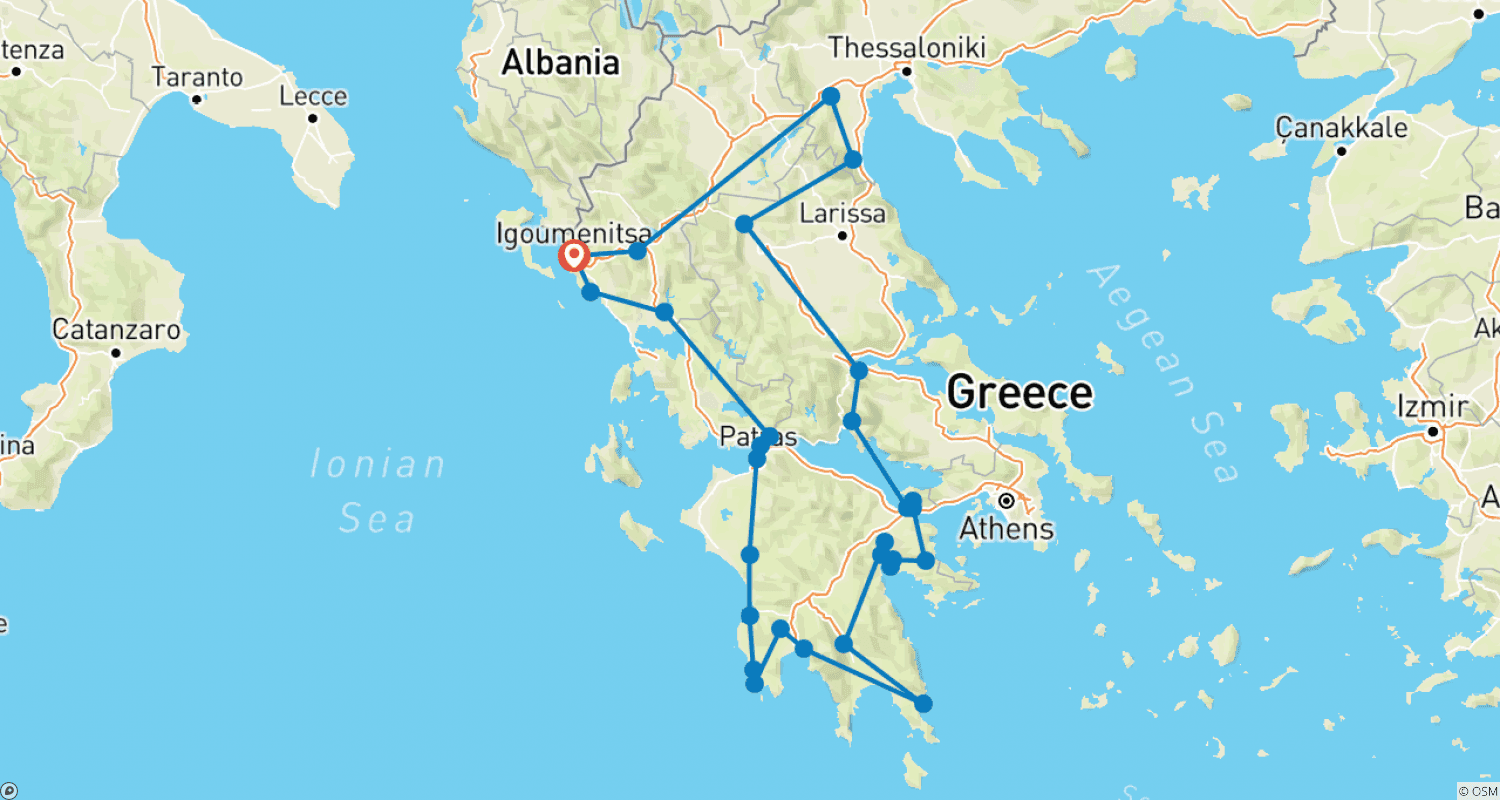 Mapa do percurso de Grande tour idílico na Grécia: Sítios UNESCO e outros destinos imperdíveis numa viagem de 26 dias a partir de Igoumenitsa