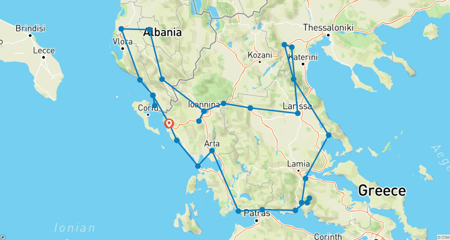 Mapa do percurso de Excursão soberba na Grécia e Albânia: Sítios UNESCO e outros destinos principais numa excursão de 19 dias a partir de Igoumenitsa