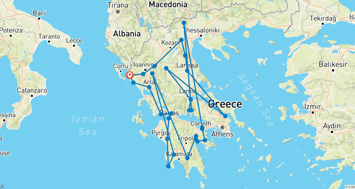 Mapa do percurso de Passeio deslumbrante na Grécia: Sítios UNESCO e outros destinos imperdíveis numa excursão de 19 dias a partir de Igoumenitsa