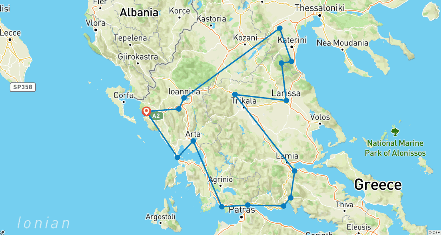 Mapa do percurso de Viagem espetacular na Grécia: Sítios UNESCO e outros destinos imperdíveis numa excursão de 9 dias a partir de Igoumenitsa