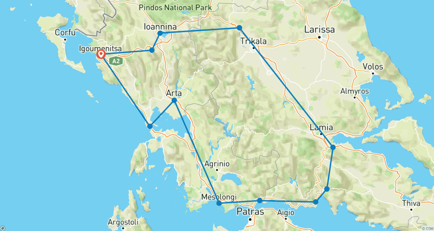 Mapa trasy: Urocza wycieczka po Grecji: miejsca UNESCO i inne najważniejsze miejsca podczas 7-dniowej wycieczki z Igoumenitsy
