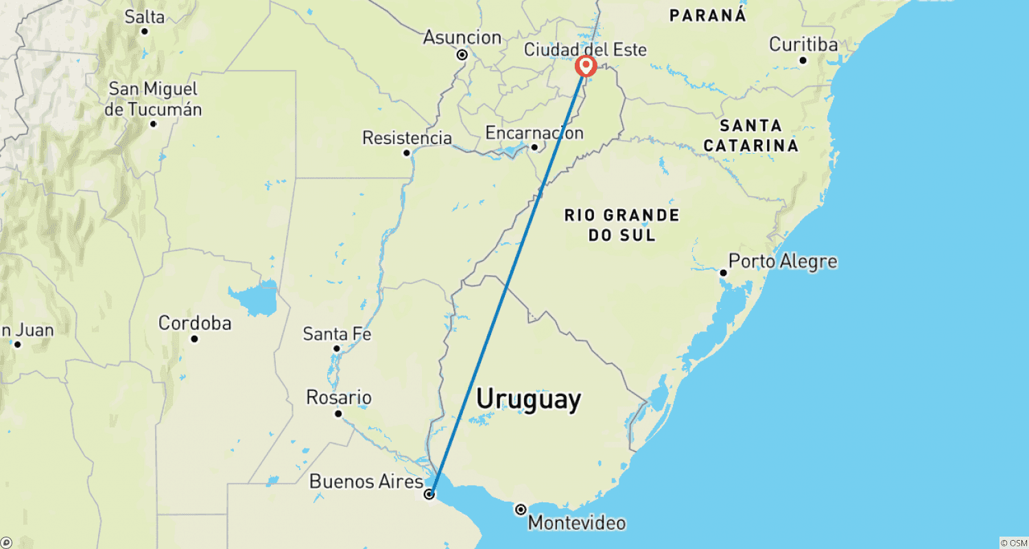 Mapa do percurso de Buenos Aires e Cataratas do Iguaçu - 6 Noites