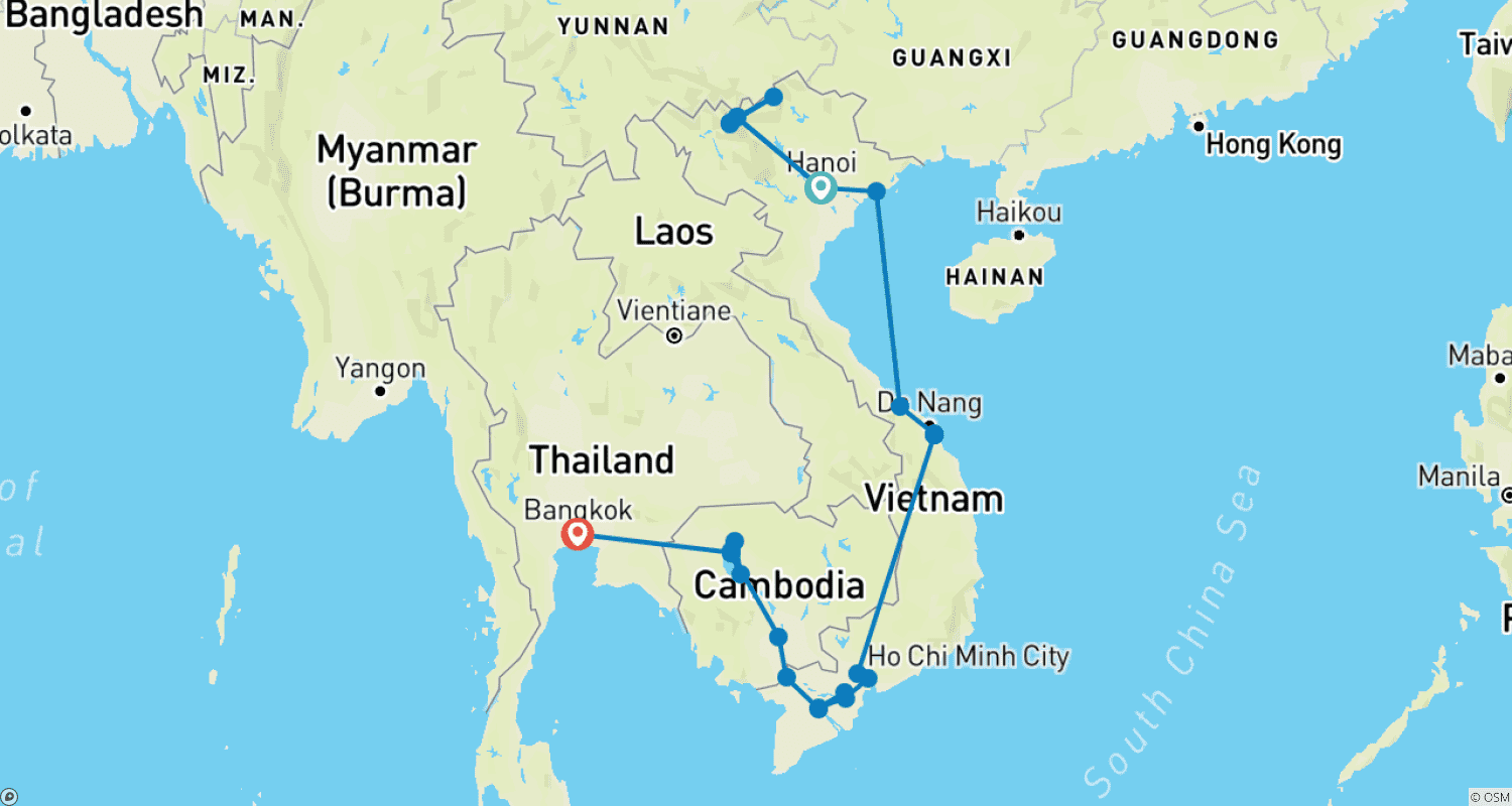 Mapa do percurso de Grand Indochina - Discover Vietnam, Cambodia and Thailand in 21 days