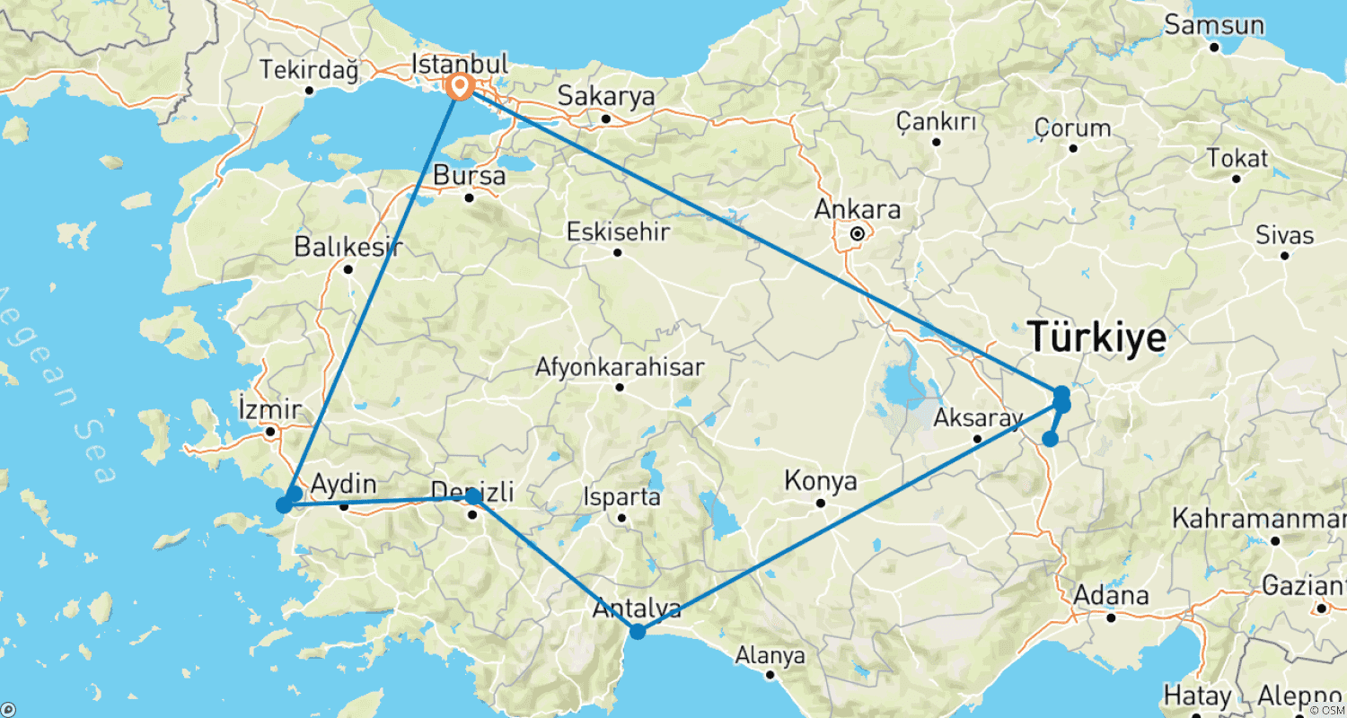 Mapa do percurso de Tour de 10 Dias pelas Maravilhas Exclusivas da Turquia