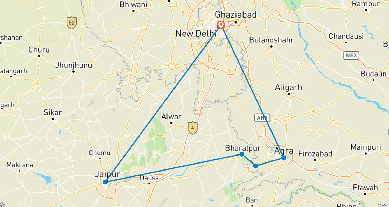 Mapa do percurso de Excursão de 5 Dias ao Triângulo Dourado com Observação de Pássaros - Passeio por Deli, Agra, Jaipur e Bharatpur
