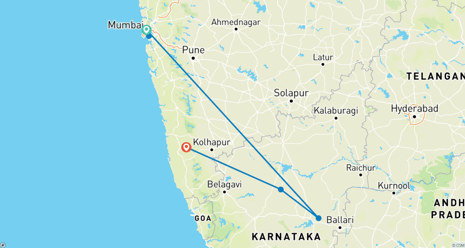 Mumbai, Hampi, Badami & Goa Beach Tourのルートマップ