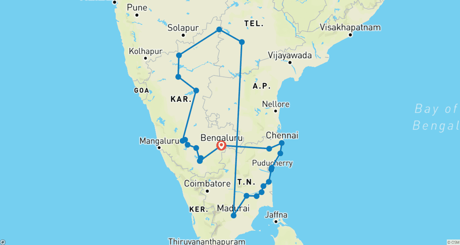 南インドの素晴らしい旅のルートマップ