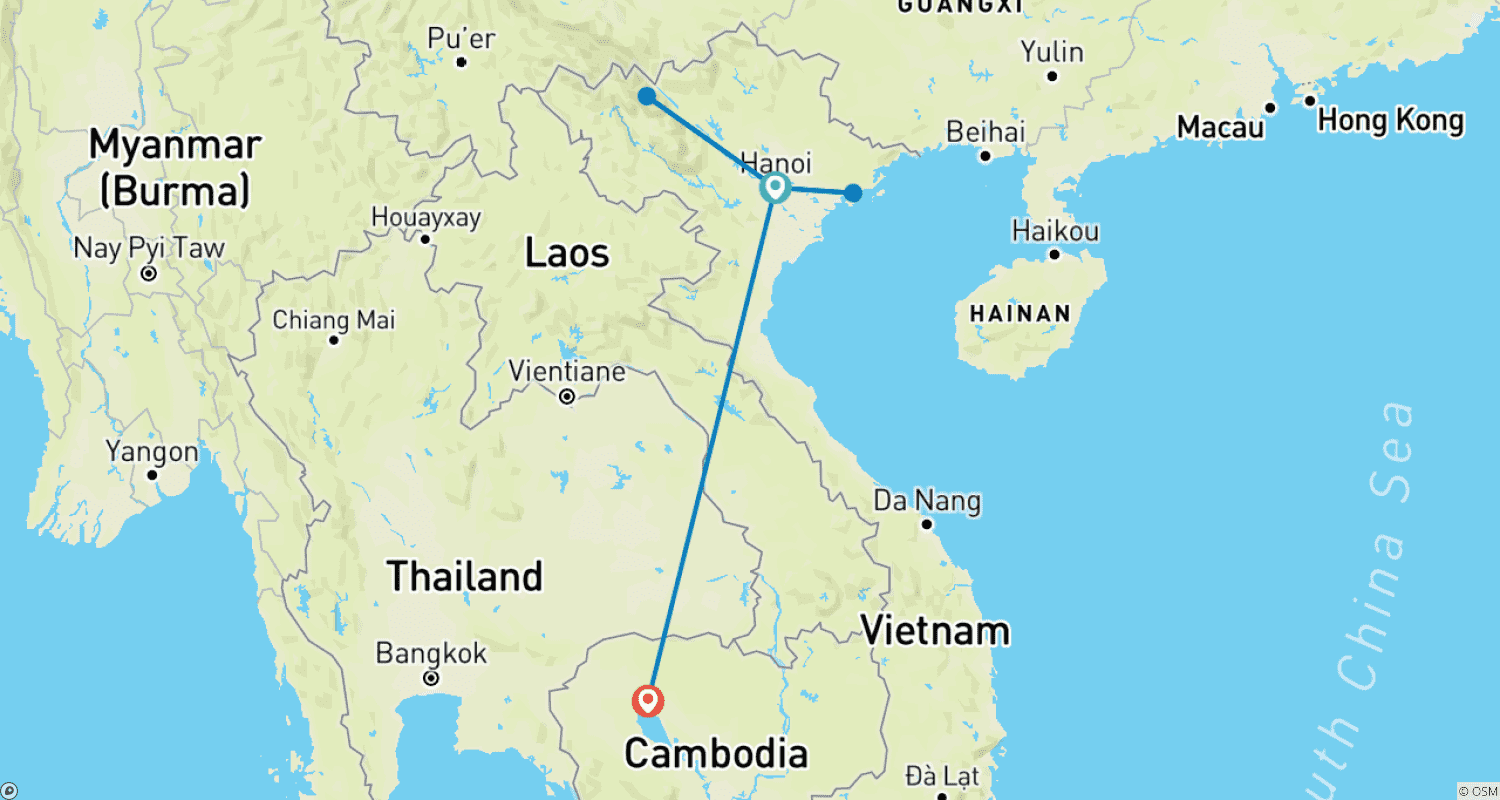 Mapa do percurso de Vietnã e Camboja - Da Baía de Halong a Siem Reap - 09 dias
