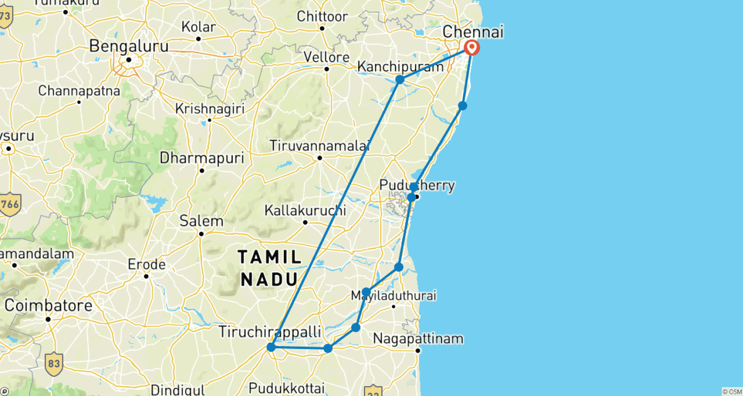 Mapa do percurso de South India The Temple Route