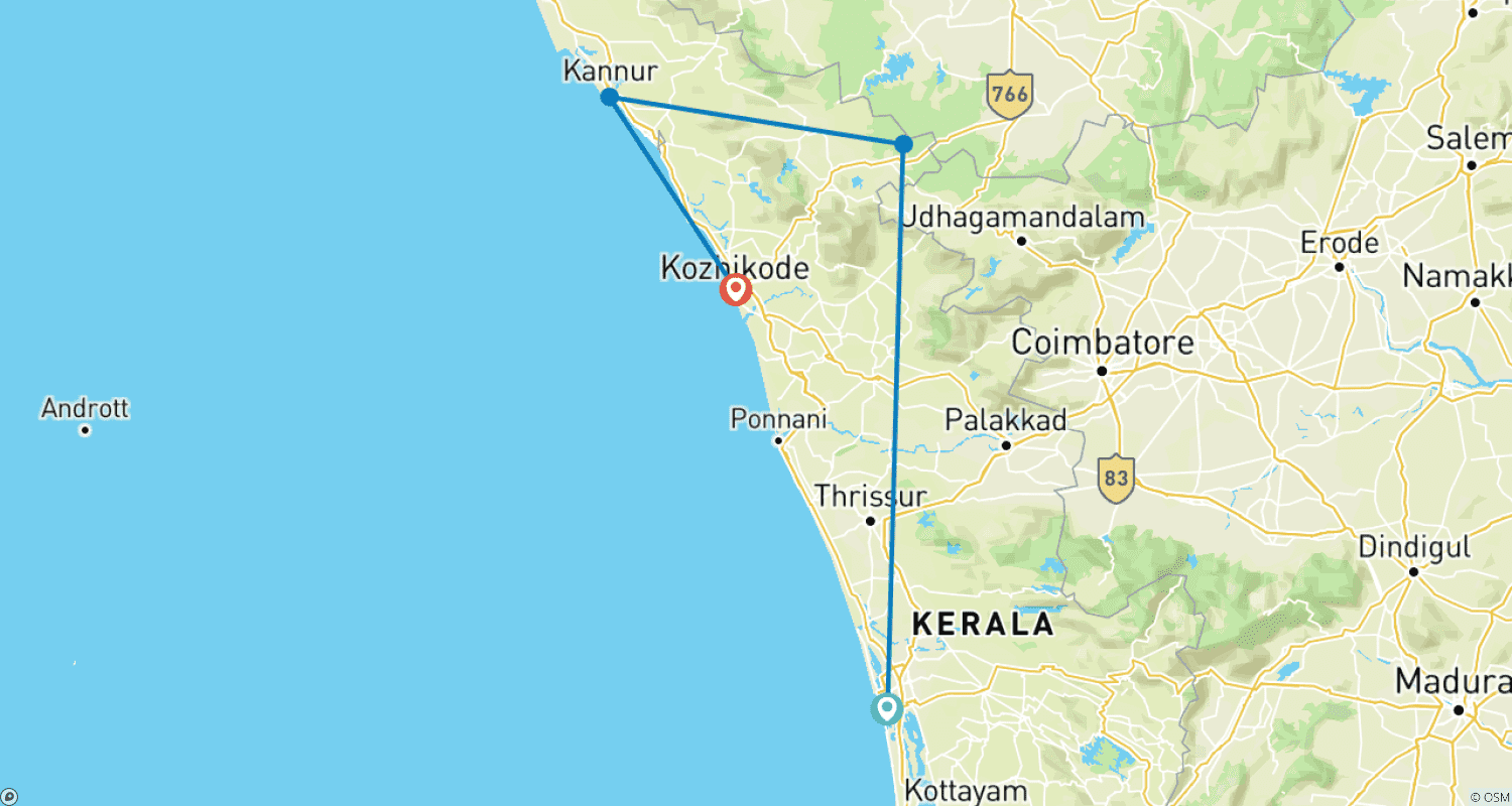 خريطة مسار شاطئ وتلال شمال Kerala (Calicut, Wayanad & Kannur)