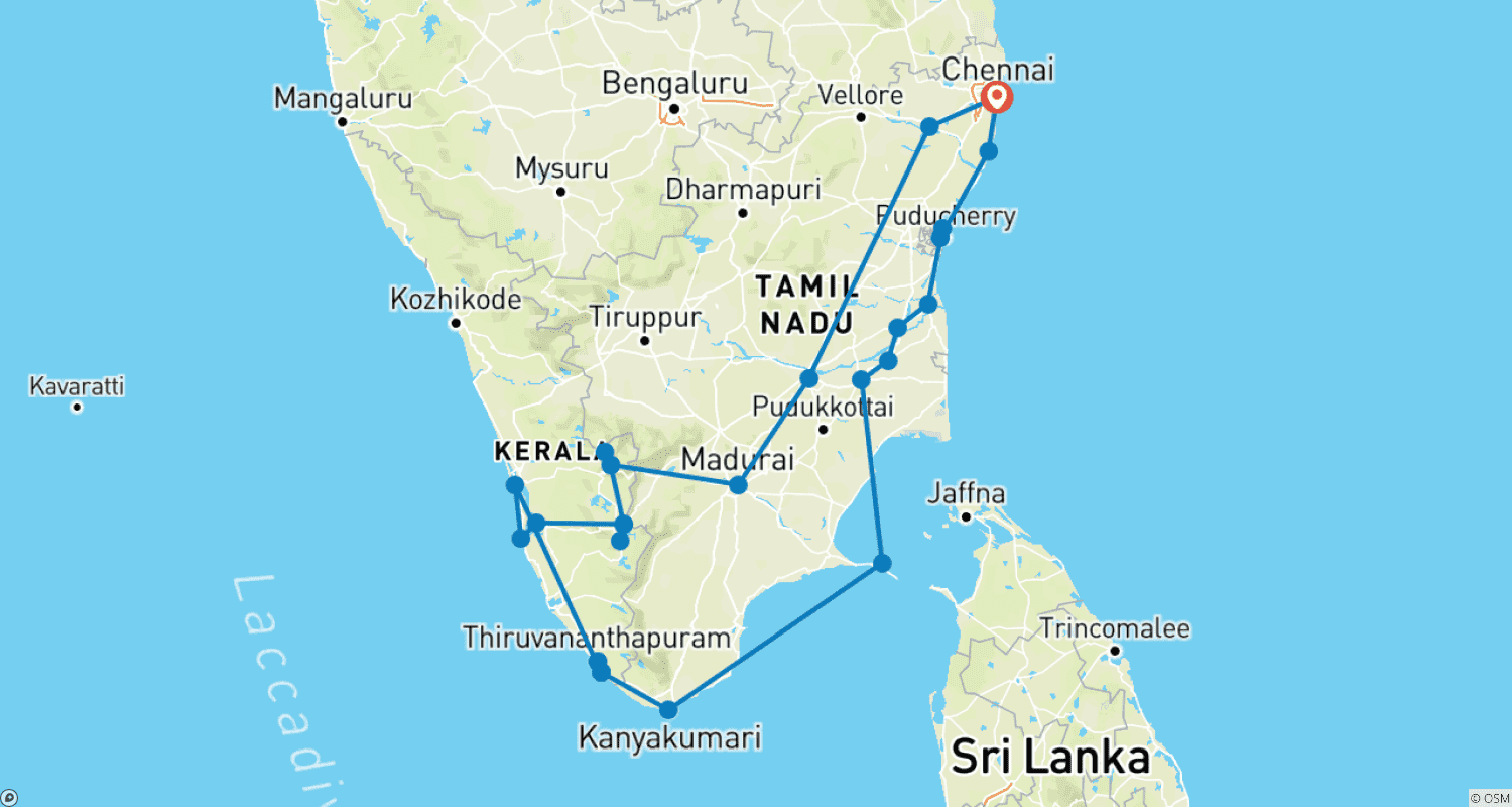 Mapa trasy: Świątynie Tamilnadu i Natura, Rozlewiska Kerali