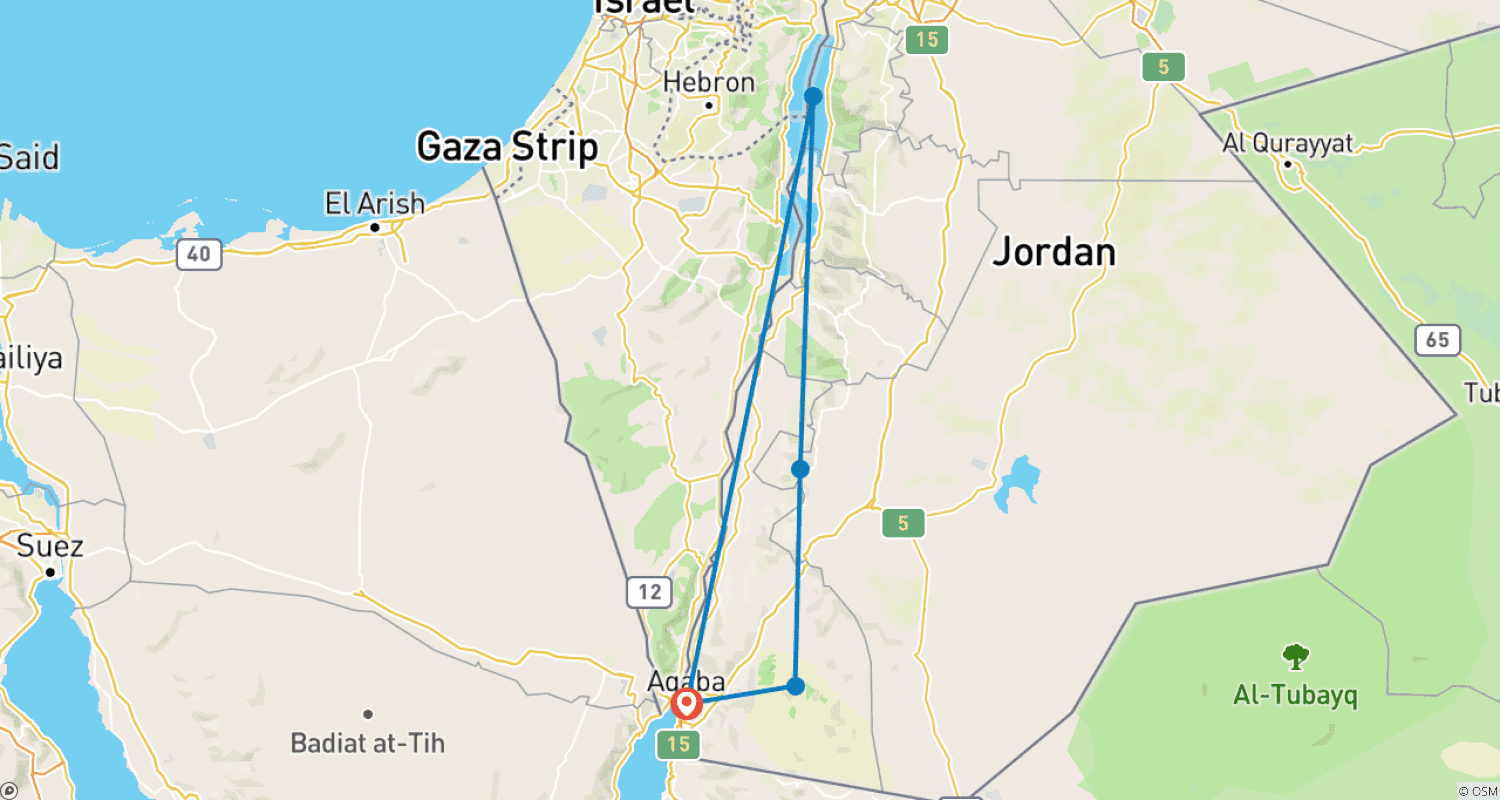 ヨルダン南部ハイライト 4日間3泊ツアー (Wadi Rum, Petra, Dead Sea) アカバ市発 (AQ-JHT-009)のルートマップ