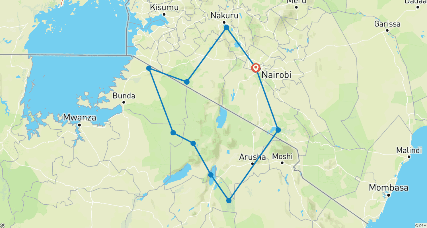 Mapa do percurso de Safari Fotográfico Exclusivo de 14 Dias no Quênia e Tanzânia com Ali – Aventura de Luxo em Vida Selvagem e Fotografia