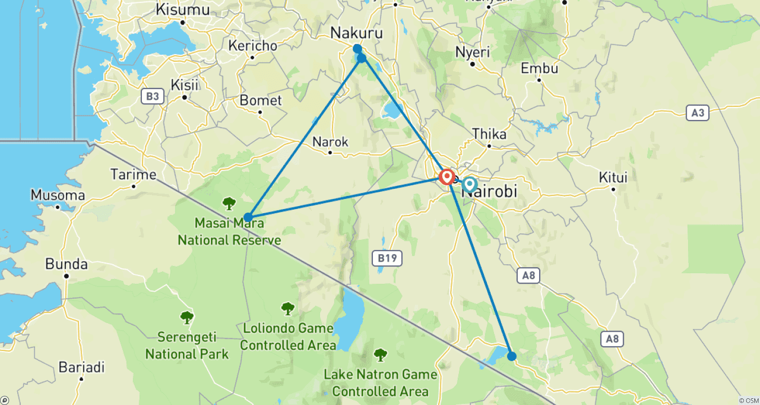 Mapa do percurso de Safari Clássico de 7 Dias no Quênia em Pequeno Grupo com Lodge em Jeep 4x4