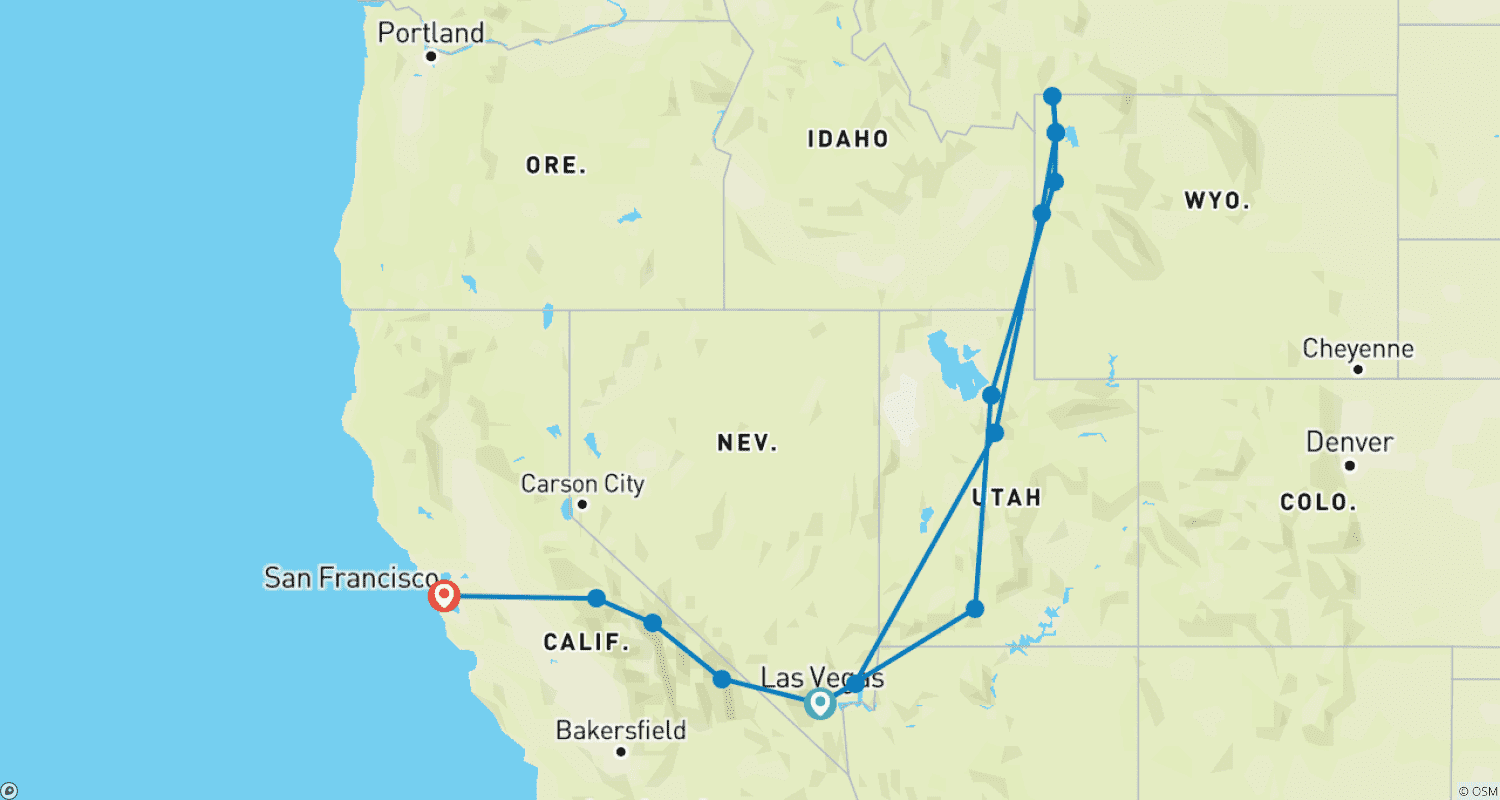 Mapa do percurso de Acampamento Explorador de 11 DIAS nas Montanhas Rochosas de Yellowstone e no Deserto da Califórnia
