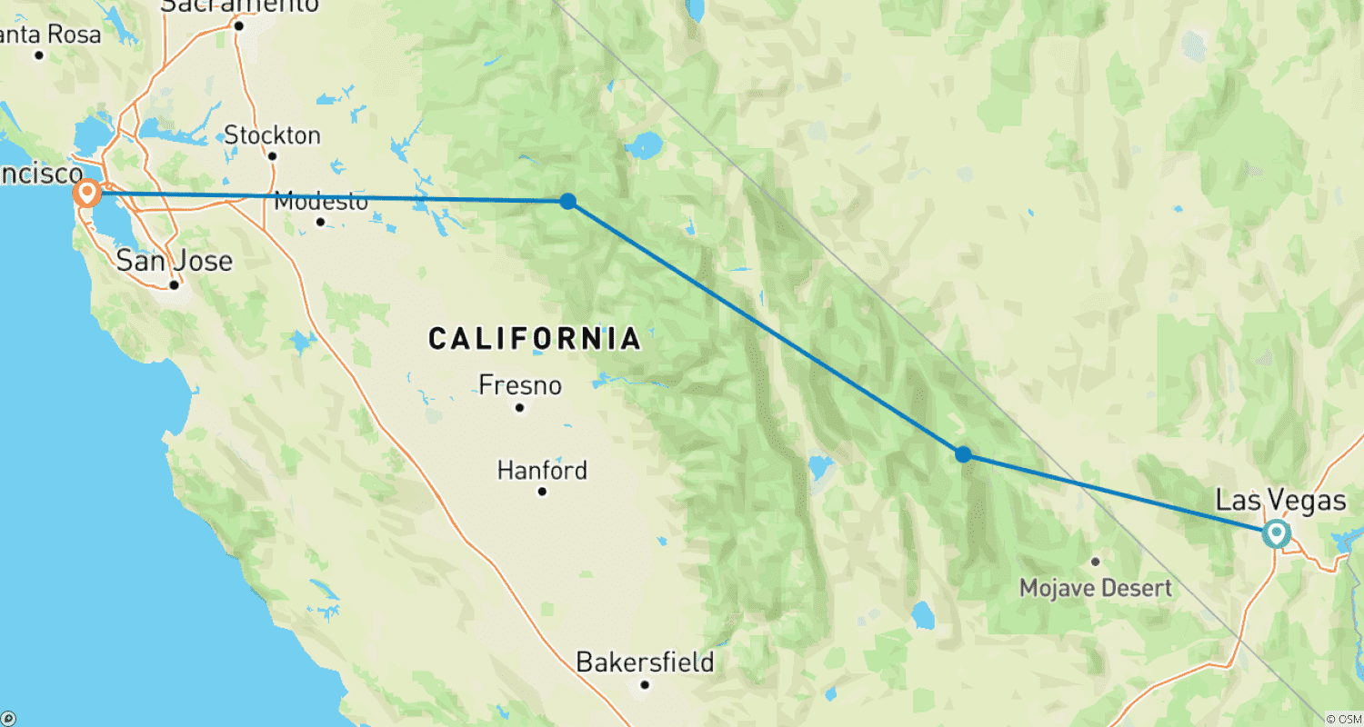 Mapa trasy: 4-dniowa Dolina Śmierci Yosemite San Francisco z Las Vegas (zakwaterowanie)