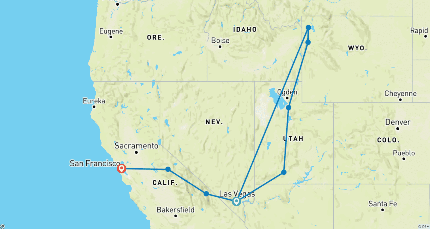 Mapa trasy: Yellowstone, Góry Skaliste i Pustynia Kalifornijska: 11-dniowa wyprawa z noclegami na kempingu i w hotelach