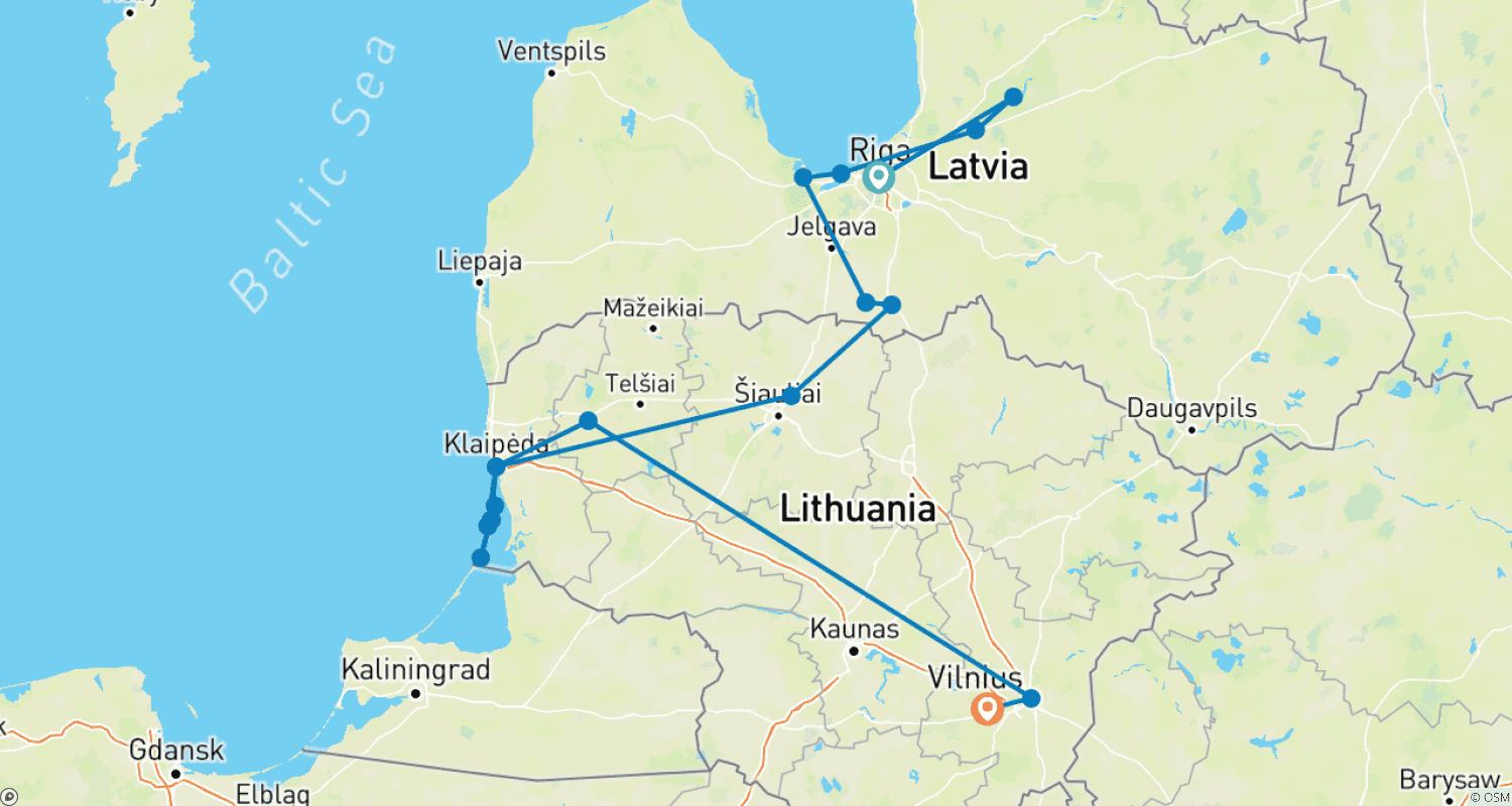 Mapa do percurso de Descoberta das Maravilhas Intocadas da Letônia e Lituânia em uma Viagem de 14 Dias