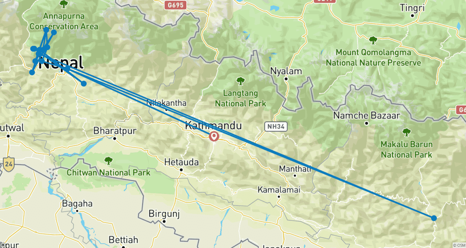 Mapa do percurso de Annapurna Base Camp Trek - 13 Dias