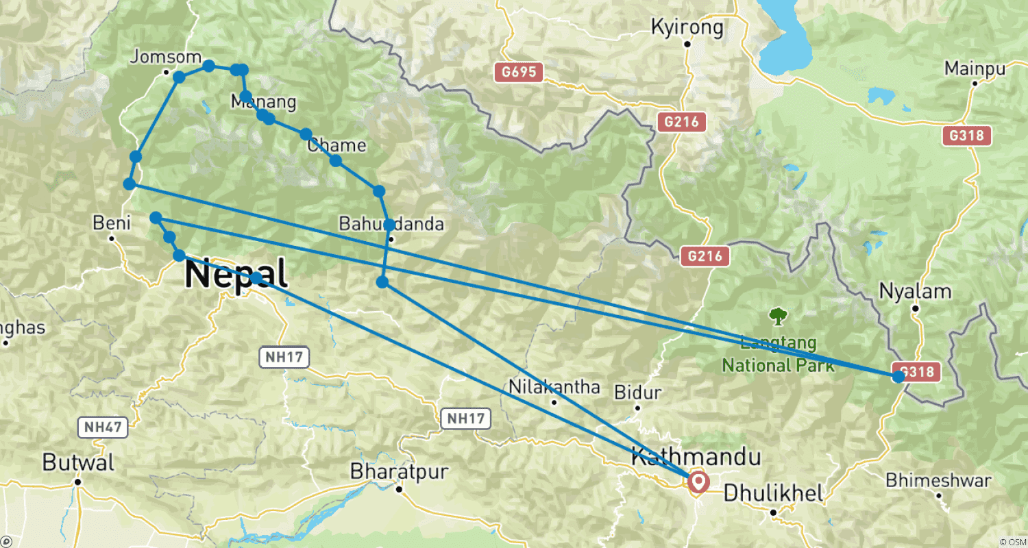 Mapa do percurso de Trekking do Circuito Annapurna