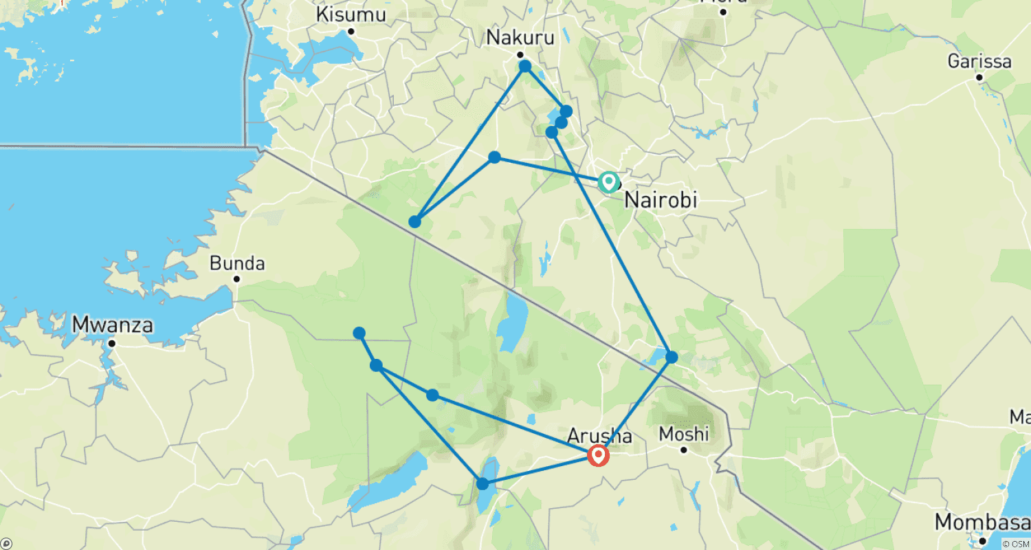 Mapa trasy: 11-dniowe Prywatne Całoroczne Safari Migracyjne - Kenia i Tanzania
