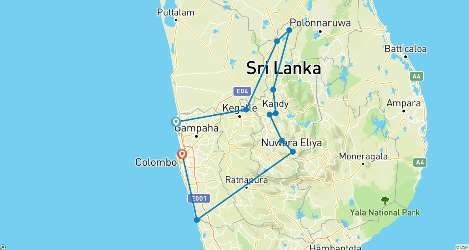Sri Lanka 8 Days Itineraryのルートマップ