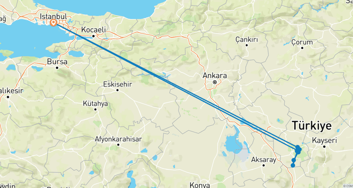 Mapa do percurso de Istambul e Capadócia com Passeio de Balão de Ar Quente