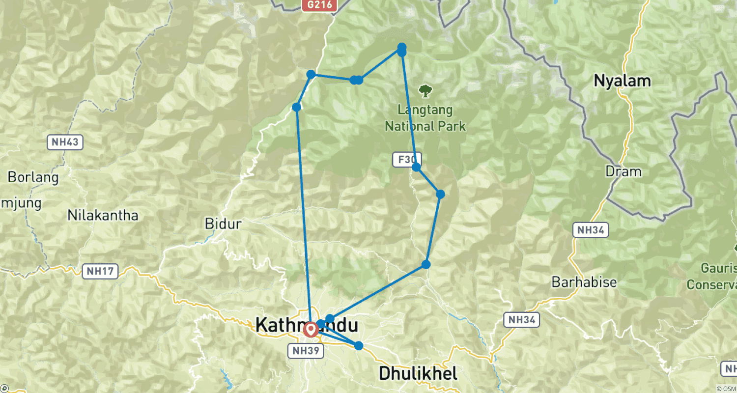 Mapa do percurso de Trilho do Vale de Langtang e Passagem Ganja La