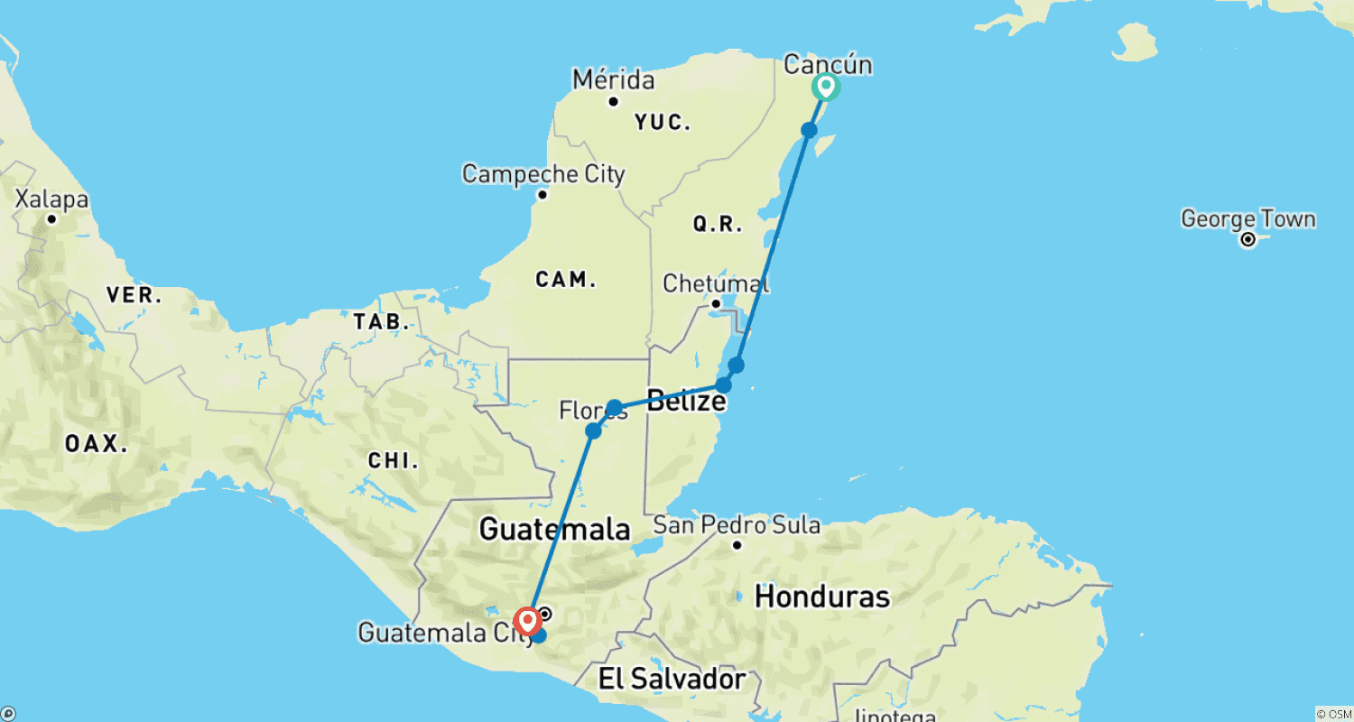 Mapa trasy: Meksyk, Belize i Gwatemala: Niezapomniane Doświadczenie