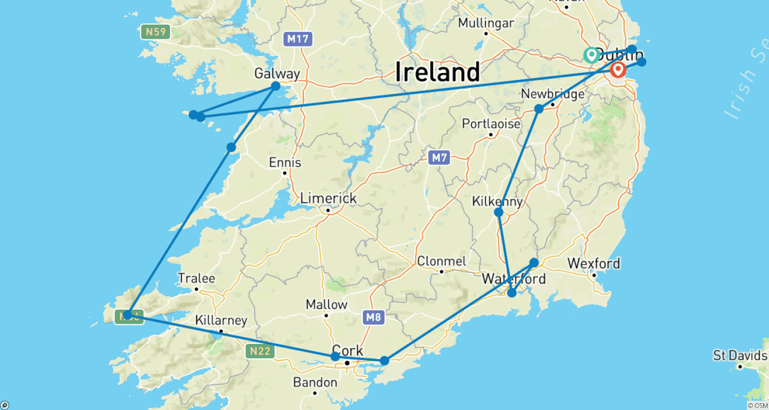 Mapa trasy: Irlandzkie Legendy - 9 Dni/8 Nocy (z Dunboyne do Dublina)