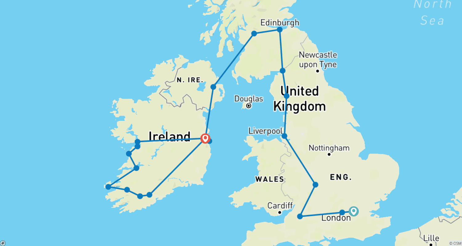 Mapa do percurso de Sabor da Grã-Bretanha e Irlanda - 14 Dias/13 Noites (22 destinos)