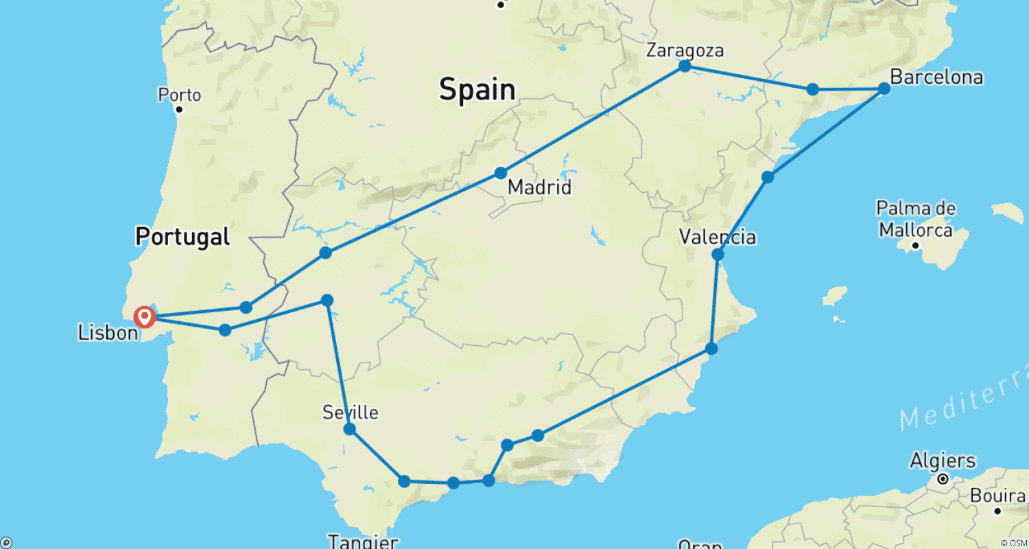 スペインのソウルとリスボンのルートマップ