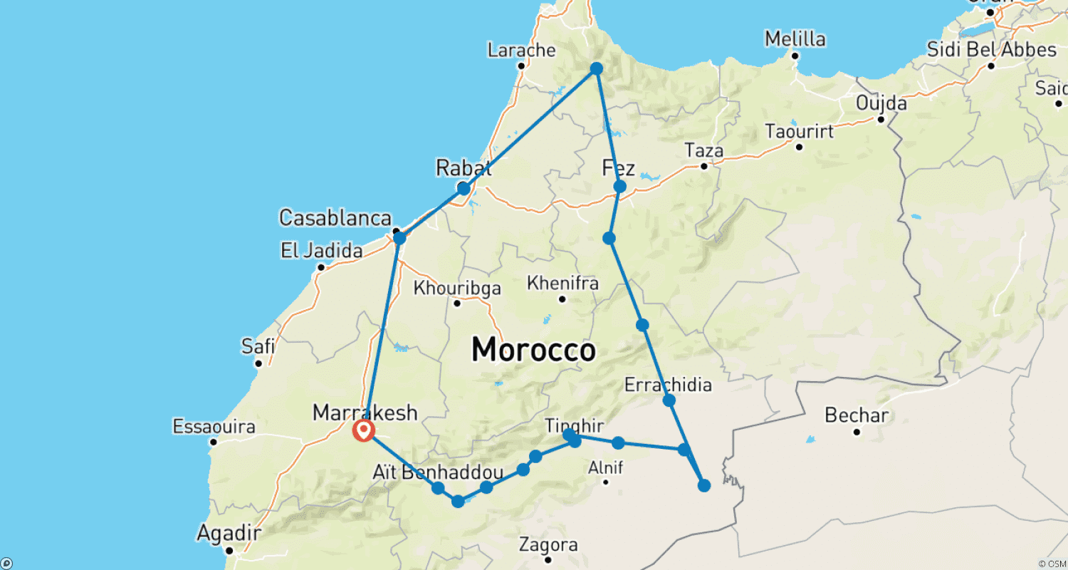 Morocco Tours - 9 Days Special tour from Marrakech visiting Desert, Fes, Chefchaouen and moreのルートマップ