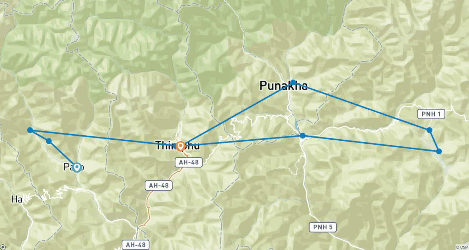 Mapa do percurso de Destaques do Butão: Templos, Vales e Maravilhas do Himalaia