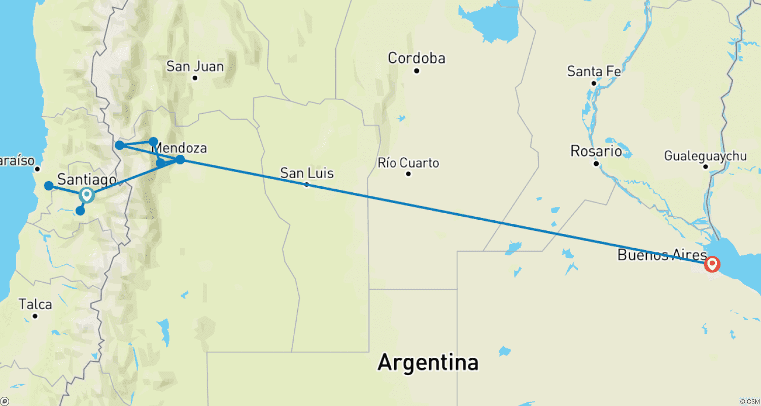 10 Days Unique Experience for WINE Lovers @ Argentina and Chilean Premium Vineyardsのルートマップ