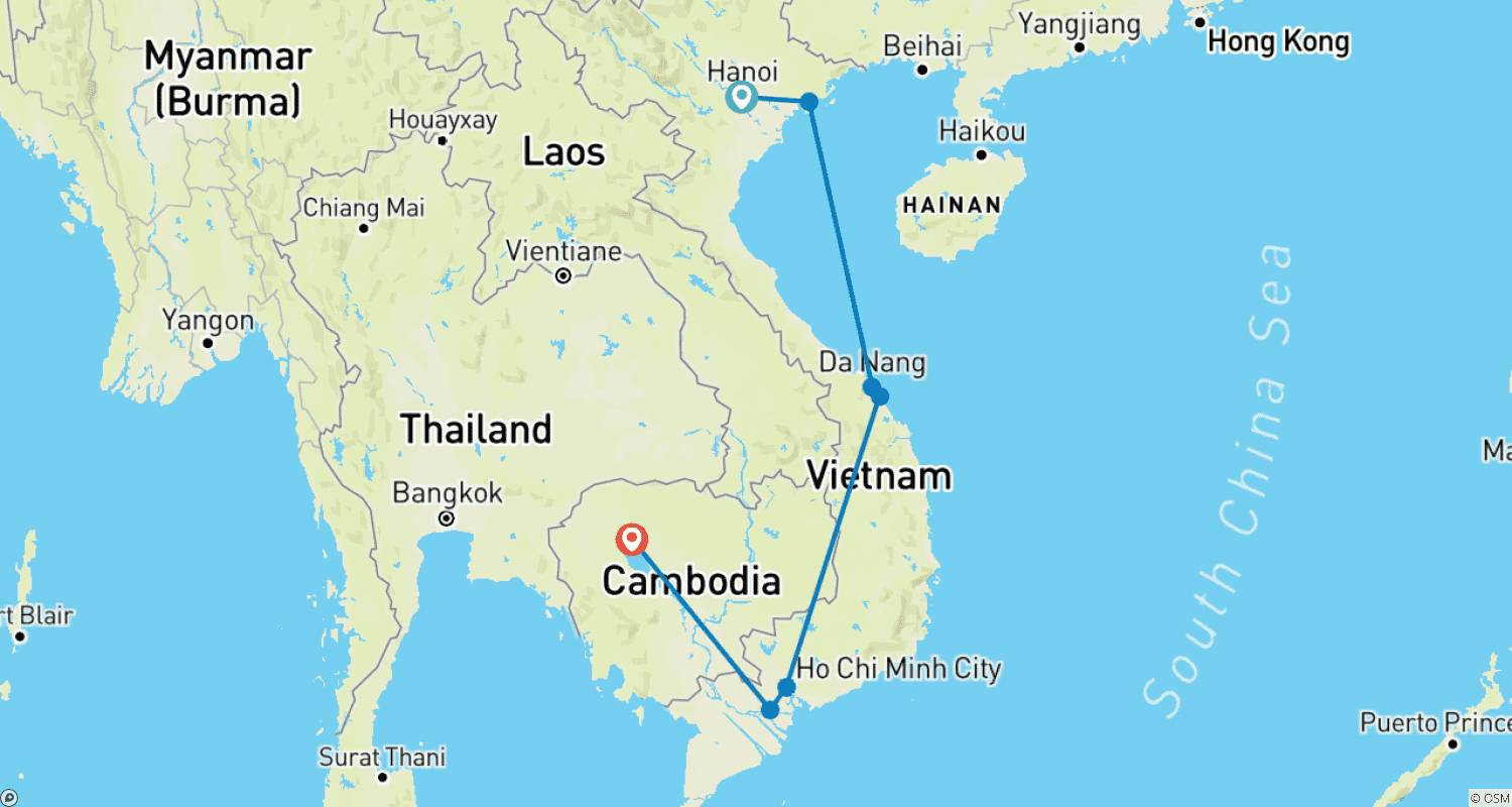 ベトナムとカンボジアの宝石のルートマップ