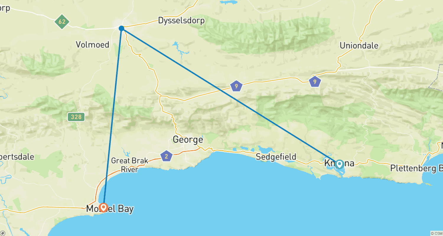 Mapa do percurso de Explore a Rota Jardim a partir de Port Elizabeth - Tour com Motorista Privado: 4 Dias