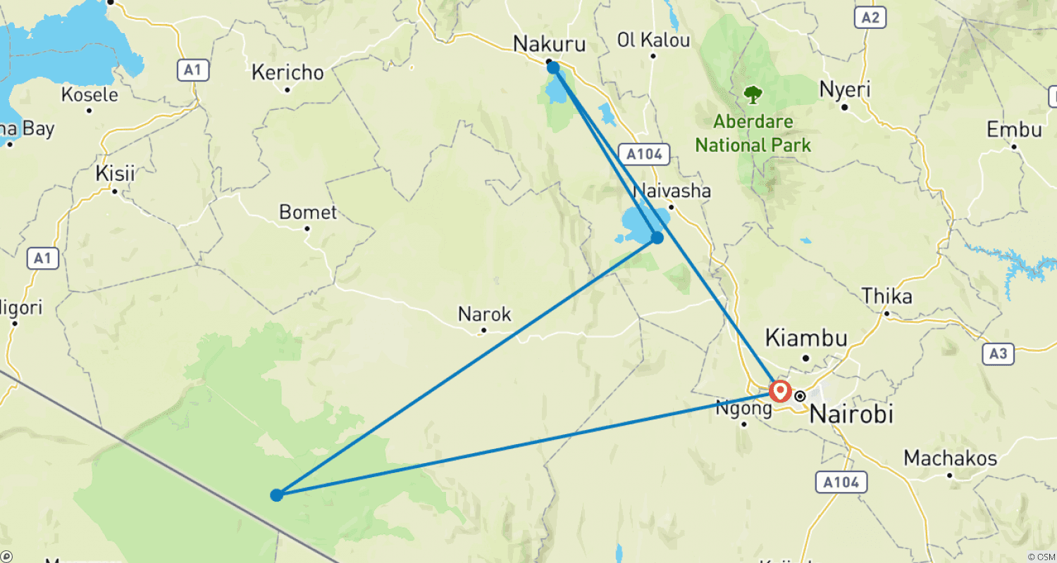 خريطة مسار رحلة سفاري خاصة لمدة 5 أيام إلى Masai Mara وNakuru وNaivasha - في سيارة لاندكروزر -