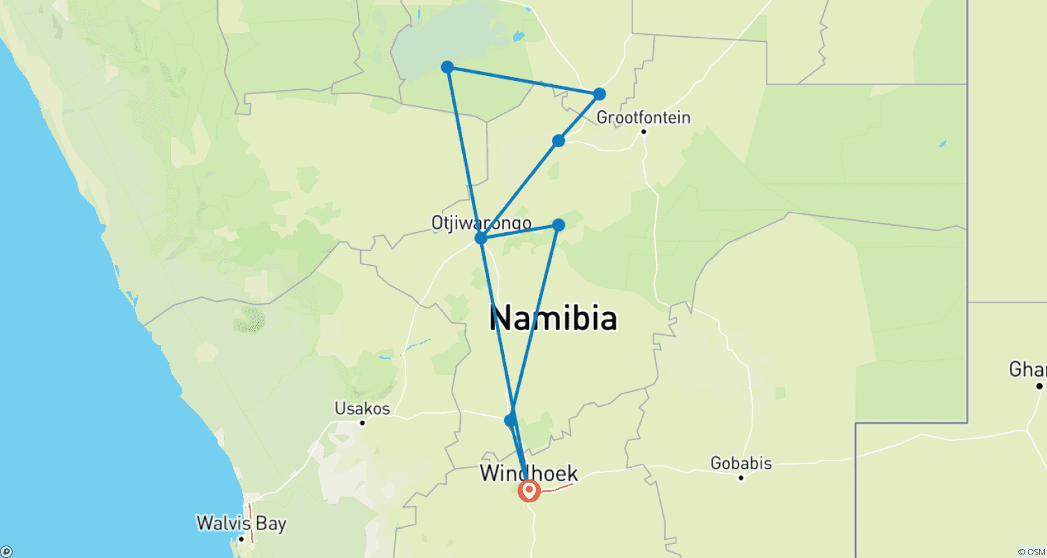 Mapa do percurso de Aventura de Safári em Etosha, Autoguiada
