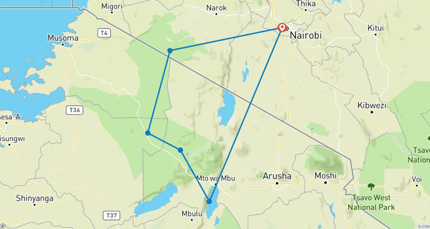 Mapa do percurso de Safari de 11 Dias no Quênia e Tanzânia para a Época de Nascimento dos Gnus