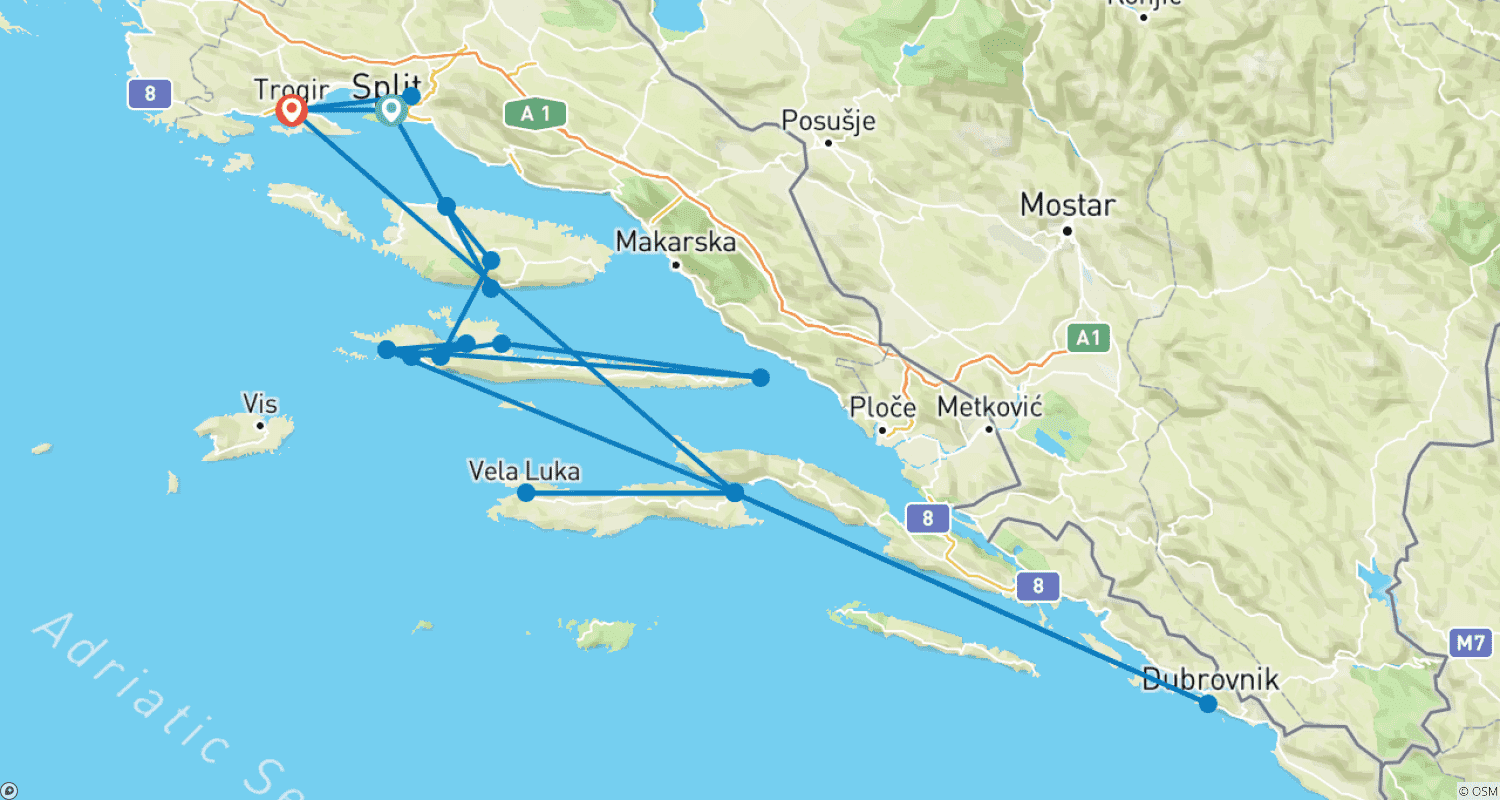 Mapa do percurso de Passeio pelas Ilhas da Croácia, 15 Dias