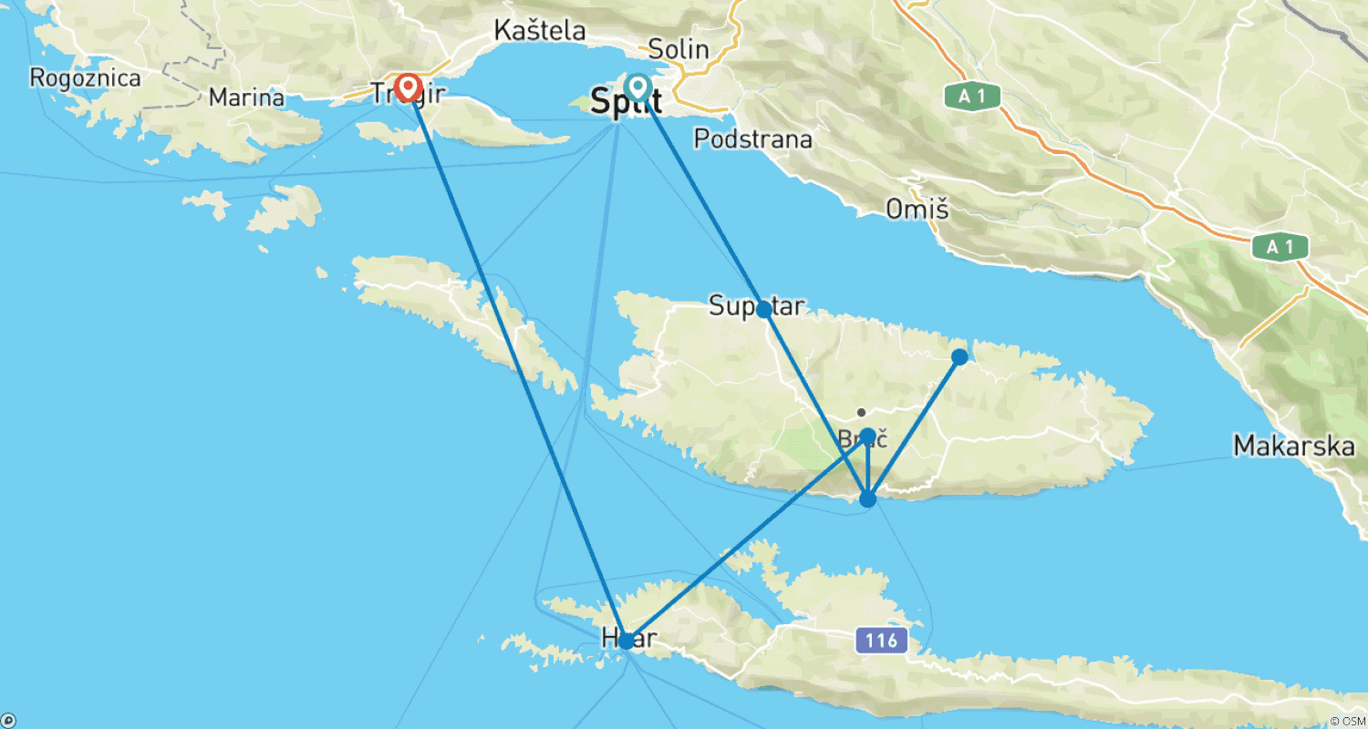 Croatia Island Hopping, 8 Daysのルートマップ