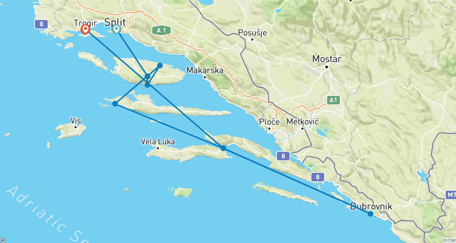 Mapa do percurso de Passeio pelas Ilhas da Croácia, 11 Dias