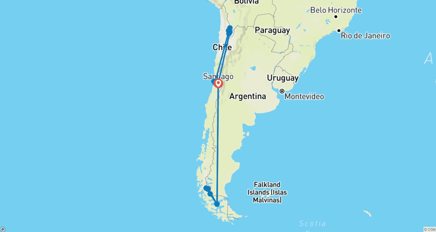 Mapa do percurso de O Melhor do Chile: do Atacama à Patagônia (Clássico)