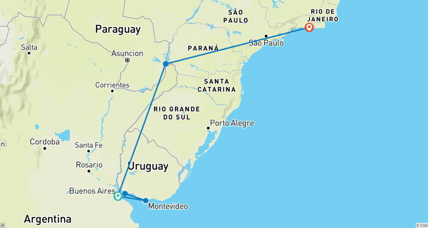 Mapa do percurso de Descoberta da Argentina, Uruguai e Brasil (Clássico, 11 Dias)