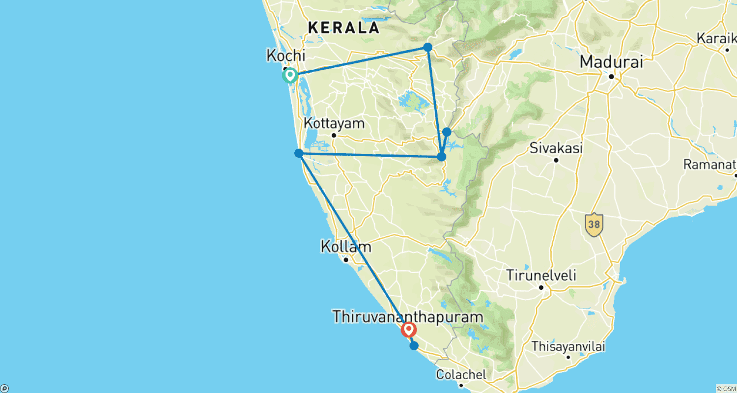Mapa do percurso de Kerala Backwaters and Wildlife Tour