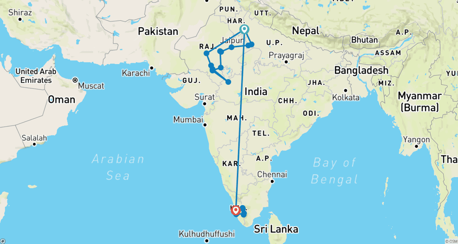 Mapa do percurso de Tour pelo Sul e Norte da Índia