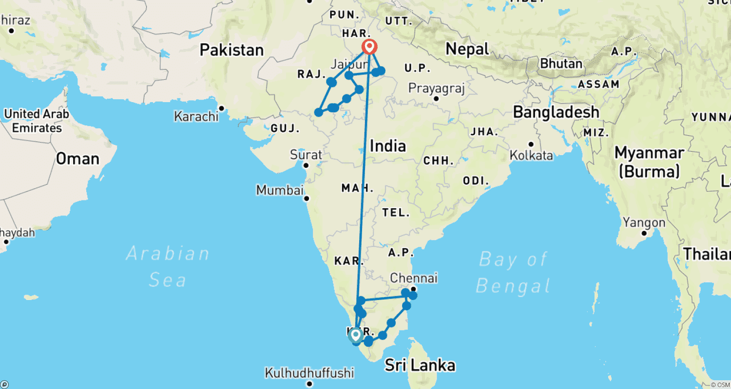 خريطة مسار North and South India Tour