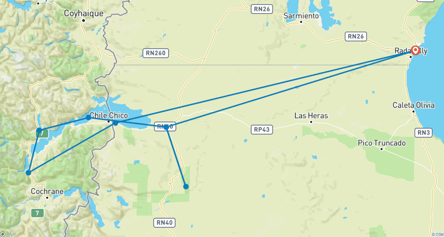 Mapa do percurso de Argentina e Chile: Caverna das Mãos e Porto Bertrand 7 dias
