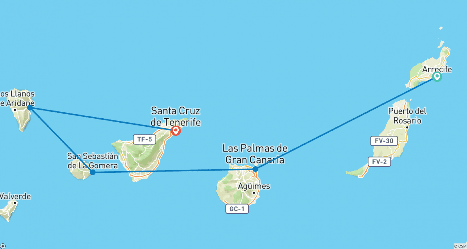 Mapa do percurso de Cruzeiro pelo Arquipélago das Ilhas Canárias, Primavera Eterna (de Arrecife a Santa Cruz de Tenerife)